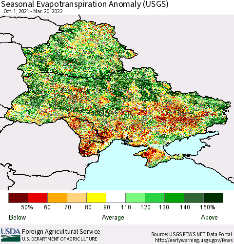 Ukraine, Moldova and Belarus Seasonal Actual Evapotranspiration Anomaly (USGS) Thematic Map For 9/1/2021 - 3/20/2022