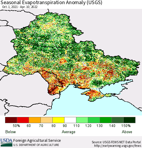 Ukraine, Moldova and Belarus Seasonal Actual Evapotranspiration Anomaly (USGS) Thematic Map For 9/1/2021 - 4/10/2022