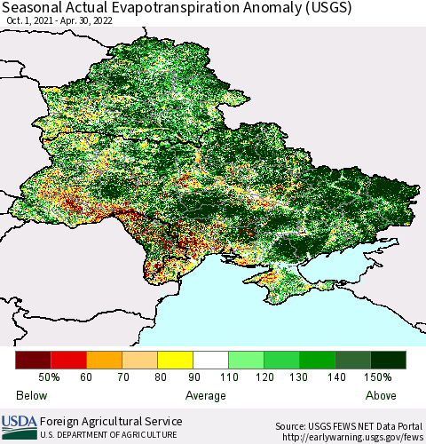 Ukraine, Moldova and Belarus Seasonal Actual Evapotranspiration Anomaly (USGS) Thematic Map For 9/1/2021 - 4/30/2022