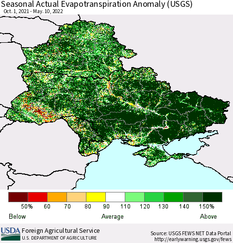 Ukraine, Moldova and Belarus Seasonal Actual Evapotranspiration Anomaly (USGS) Thematic Map For 9/1/2021 - 5/10/2022