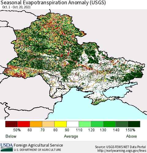 Ukraine, Moldova and Belarus Seasonal Actual Evapotranspiration Anomaly (USGS) Thematic Map For 9/1/2021 - 10/20/2021