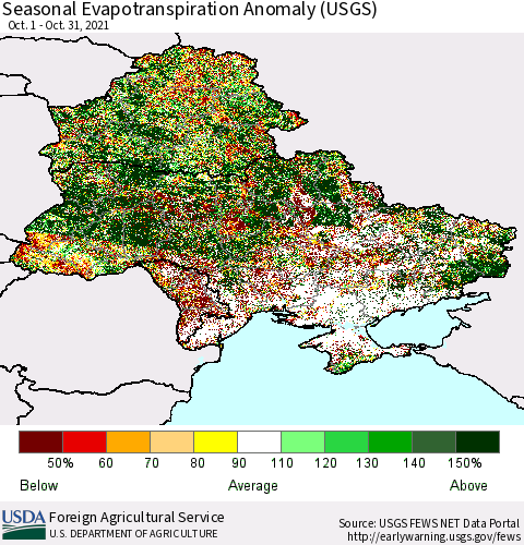 Ukraine, Moldova and Belarus Seasonal Actual Evapotranspiration Anomaly (USGS) Thematic Map For 9/1/2021 - 10/31/2021