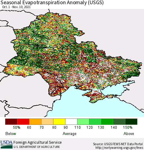 Ukraine, Moldova and Belarus Seasonal Actual Evapotranspiration Anomaly (USGS) Thematic Map For 9/1/2021 - 11/10/2021