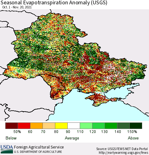 Ukraine, Moldova and Belarus Seasonal Actual Evapotranspiration Anomaly (USGS) Thematic Map For 9/1/2021 - 11/20/2021