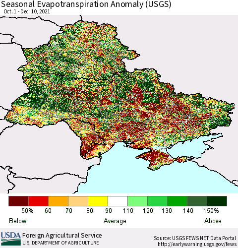 Ukraine, Moldova and Belarus Seasonal Actual Evapotranspiration Anomaly (USGS) Thematic Map For 9/1/2021 - 12/10/2021