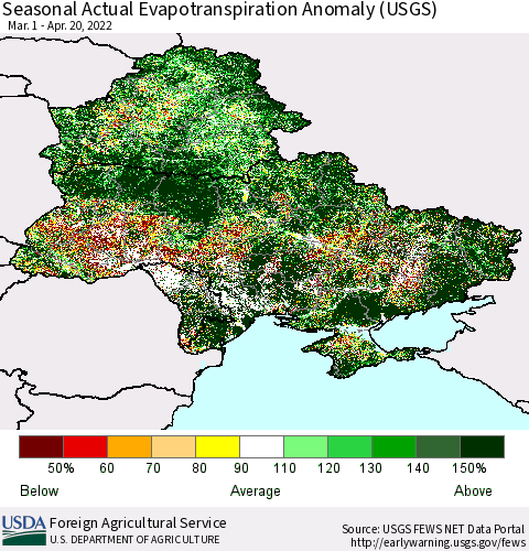 Ukraine, Moldova and Belarus Seasonal Actual Evapotranspiration Anomaly (USGS) Thematic Map For 4/1/2022 - 4/20/2022