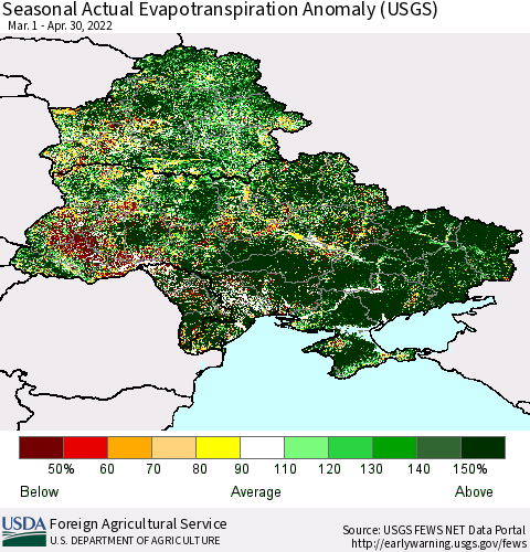 Ukraine, Moldova and Belarus Seasonal Actual Evapotranspiration Anomaly (USGS) Thematic Map For 4/1/2022 - 4/30/2022