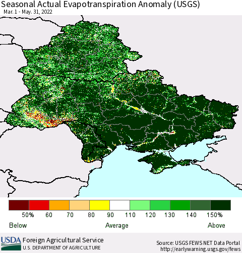 Ukraine, Moldova and Belarus Seasonal Actual Evapotranspiration Anomaly (USGS) Thematic Map For 4/1/2022 - 5/31/2022