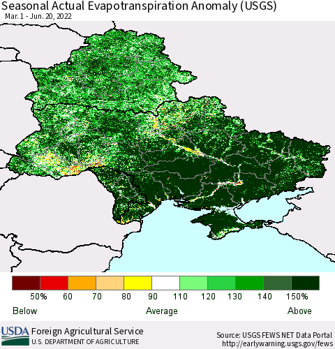 Ukraine, Moldova and Belarus Seasonal Actual Evapotranspiration Anomaly (USGS) Thematic Map For 4/1/2022 - 6/20/2022