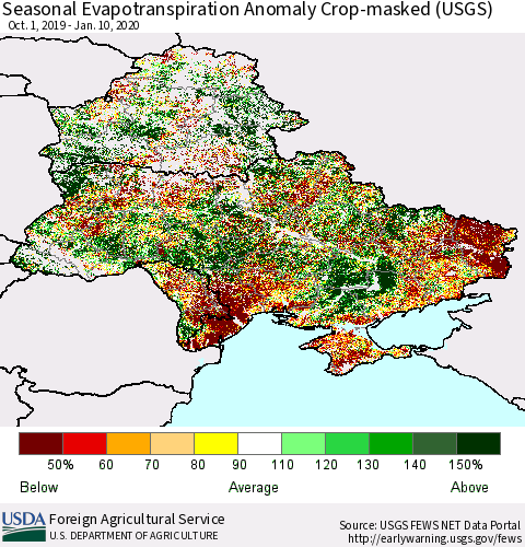 Ukraine, Moldova and Belarus Seasonal Actual Evapotranspiration Anomaly over Croplands (USGS) Thematic Map For 9/1/2019 - 1/10/2020