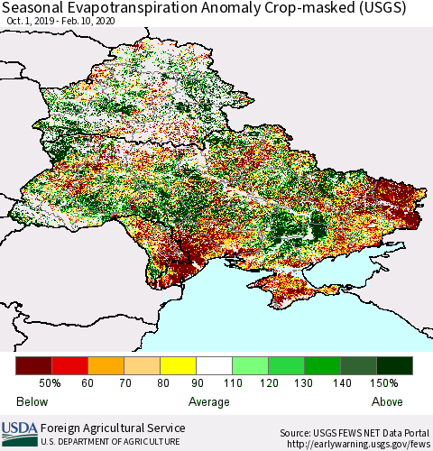 Ukraine, Moldova and Belarus Seasonal Actual Evapotranspiration Anomaly over Croplands (USGS) Thematic Map For 9/1/2019 - 2/10/2020