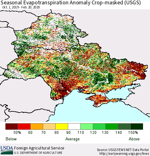 Ukraine, Moldova and Belarus Seasonal Actual Evapotranspiration Anomaly over Croplands (USGS) Thematic Map For 9/1/2019 - 2/20/2020