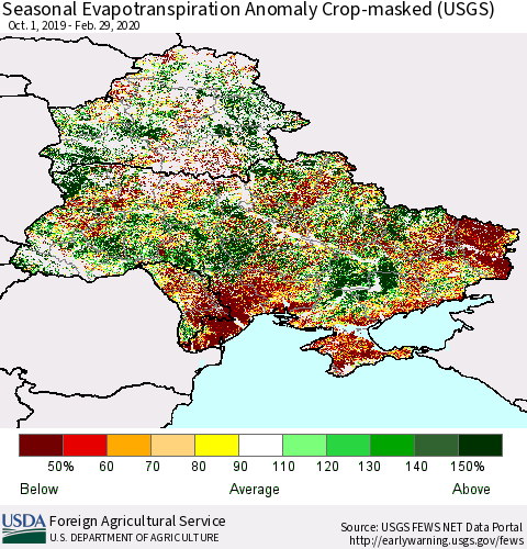 Ukraine, Moldova and Belarus Seasonal Actual Evapotranspiration Anomaly over Croplands (USGS) Thematic Map For 9/1/2019 - 2/29/2020