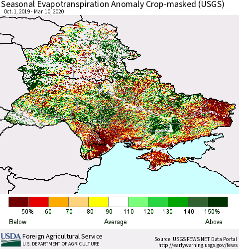 Ukraine, Moldova and Belarus Seasonal Actual Evapotranspiration Anomaly over Croplands (USGS) Thematic Map For 9/1/2019 - 3/10/2020