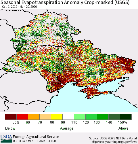 Ukraine, Moldova and Belarus Seasonal Actual Evapotranspiration Anomaly over Croplands (USGS) Thematic Map For 9/1/2019 - 3/20/2020