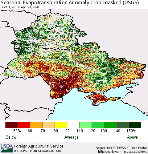 Ukraine, Moldova and Belarus Seasonal Actual Evapotranspiration Anomaly over Croplands (USGS) Thematic Map For 9/1/2019 - 4/20/2020