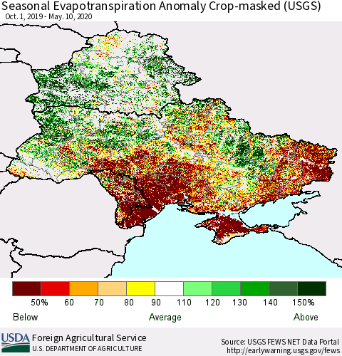 Ukraine, Moldova and Belarus Seasonal Actual Evapotranspiration Anomaly over Croplands (USGS) Thematic Map For 9/1/2019 - 5/10/2020