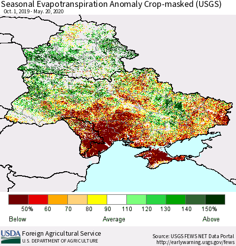 Ukraine, Moldova and Belarus Seasonal Actual Evapotranspiration Anomaly over Croplands (USGS) Thematic Map For 9/1/2019 - 5/20/2020