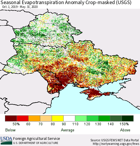 Ukraine, Moldova and Belarus Seasonal Actual Evapotranspiration Anomaly over Croplands (USGS) Thematic Map For 9/1/2019 - 5/31/2020