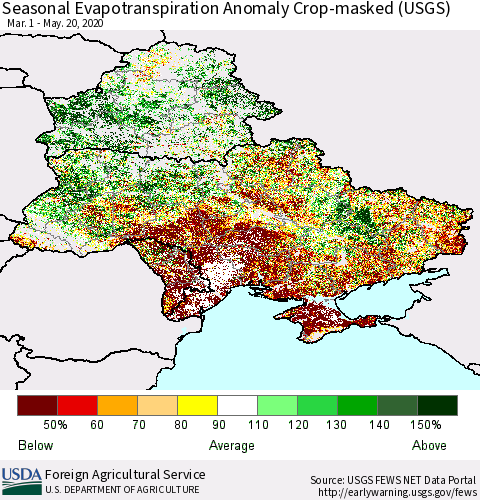 Ukraine, Moldova and Belarus Seasonal Actual Evapotranspiration Anomaly over Croplands (USGS) Thematic Map For 4/1/2020 - 5/20/2020