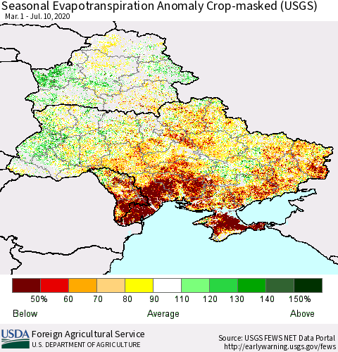Ukraine, Moldova and Belarus Seasonal Actual Evapotranspiration Anomaly over Croplands (USGS) Thematic Map For 4/1/2020 - 7/10/2020