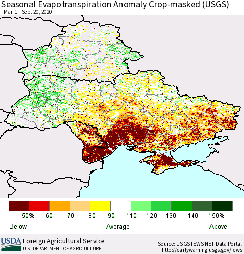 Ukraine, Moldova and Belarus Seasonal Actual Evapotranspiration Anomaly over Croplands (USGS) Thematic Map For 4/1/2020 - 9/20/2020