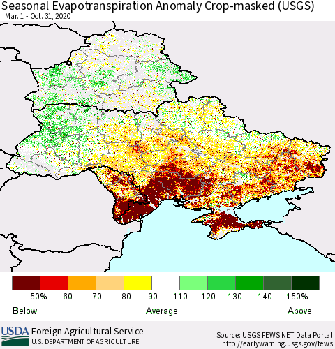 Ukraine, Moldova and Belarus Seasonal Actual Evapotranspiration Anomaly over Croplands (USGS) Thematic Map For 4/1/2020 - 10/31/2020
