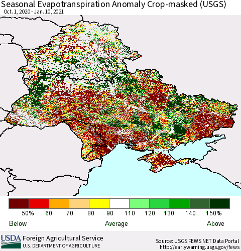 Ukraine, Moldova and Belarus Seasonal Actual Evapotranspiration Anomaly over Croplands (USGS) Thematic Map For 9/1/2020 - 1/10/2021