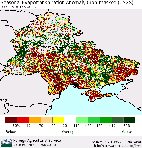 Ukraine, Moldova and Belarus Seasonal Actual Evapotranspiration Anomaly over Croplands (USGS) Thematic Map For 9/1/2020 - 2/20/2021