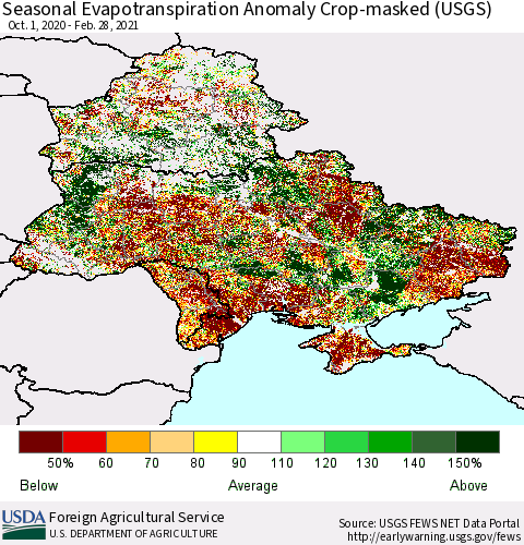Ukraine, Moldova and Belarus Seasonal Actual Evapotranspiration Anomaly over Croplands (USGS) Thematic Map For 9/1/2020 - 2/28/2021