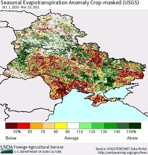 Ukraine, Moldova and Belarus Seasonal Actual Evapotranspiration Anomaly over Croplands (USGS) Thematic Map For 9/1/2020 - 3/10/2021