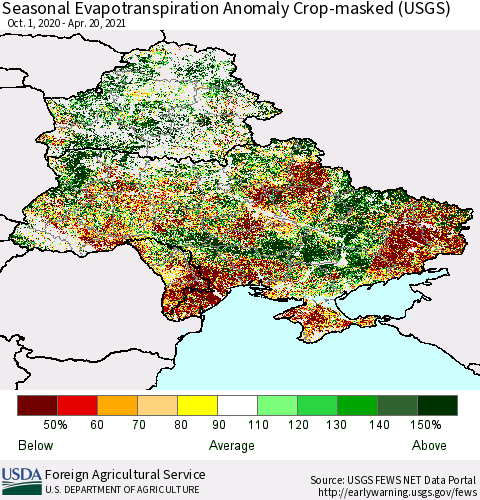 Ukraine, Moldova and Belarus Seasonal Actual Evapotranspiration Anomaly over Croplands (USGS) Thematic Map For 9/1/2020 - 4/20/2021