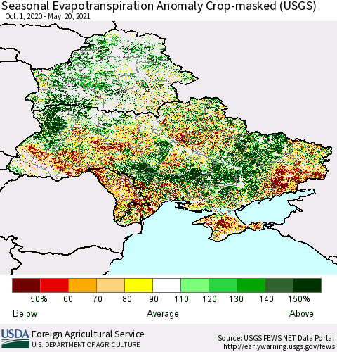 Ukraine, Moldova and Belarus Seasonal Actual Evapotranspiration Anomaly over Croplands (USGS) Thematic Map For 9/1/2020 - 5/20/2021
