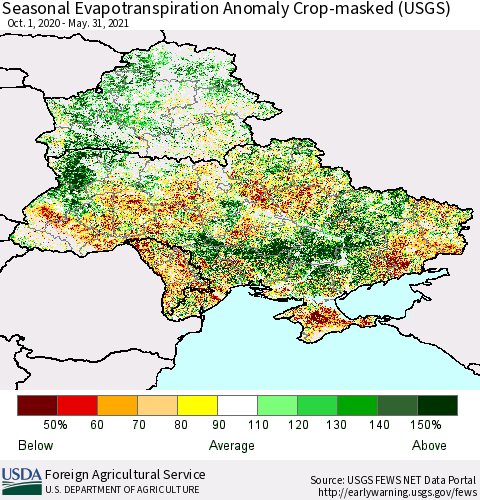Ukraine, Moldova and Belarus Seasonal Actual Evapotranspiration Anomaly over Croplands (USGS) Thematic Map For 9/1/2020 - 5/31/2021