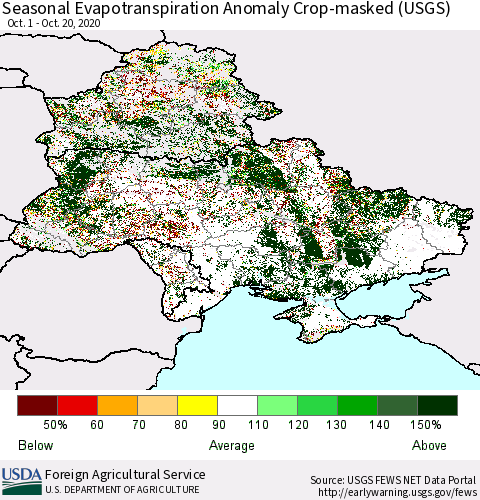 Ukraine, Moldova and Belarus Seasonal Actual Evapotranspiration Anomaly over Croplands (USGS) Thematic Map For 9/1/2020 - 10/20/2020