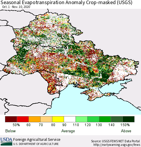 Ukraine, Moldova and Belarus Seasonal Actual Evapotranspiration Anomaly over Croplands (USGS) Thematic Map For 9/1/2020 - 11/10/2020