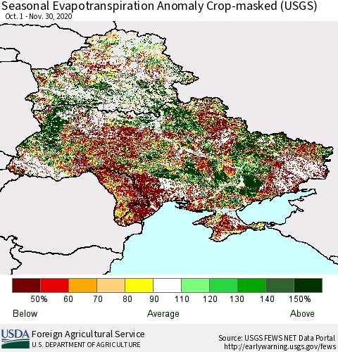 Ukraine, Moldova and Belarus Seasonal Actual Evapotranspiration Anomaly over Croplands (USGS) Thematic Map For 9/1/2020 - 11/30/2020