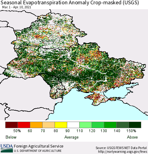 Ukraine, Moldova and Belarus Seasonal Actual Evapotranspiration Anomaly over Croplands (USGS) Thematic Map For 4/1/2021 - 4/10/2021