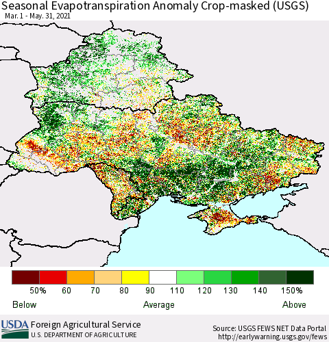 Ukraine, Moldova and Belarus Seasonal Actual Evapotranspiration Anomaly over Croplands (USGS) Thematic Map For 4/1/2021 - 5/31/2021