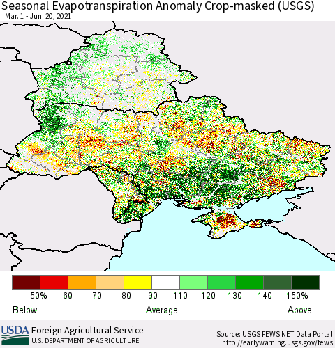 Ukraine, Moldova and Belarus Seasonal Actual Evapotranspiration Anomaly over Croplands (USGS) Thematic Map For 4/1/2021 - 6/20/2021