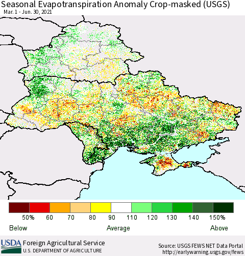 Ukraine, Moldova and Belarus Seasonal Evapotranspiration Anomaly Crop-masked (USGS) Thematic Map For 4/1/2021 - 6/30/2021