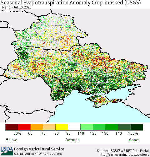 Ukraine, Moldova and Belarus Seasonal Actual Evapotranspiration Anomaly over Croplands (USGS) Thematic Map For 4/1/2021 - 7/10/2021