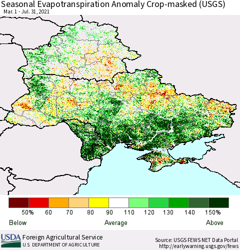 Ukraine, Moldova and Belarus Seasonal Actual Evapotranspiration Anomaly over Croplands (USGS) Thematic Map For 4/1/2021 - 7/31/2021