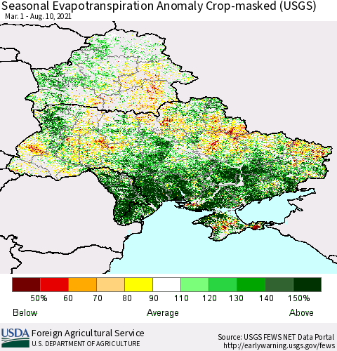 Ukraine, Moldova and Belarus Seasonal Actual Evapotranspiration Anomaly over Croplands (USGS) Thematic Map For 4/1/2021 - 8/10/2021