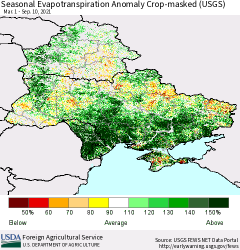 Ukraine, Moldova and Belarus Seasonal Actual Evapotranspiration Anomaly over Croplands (USGS) Thematic Map For 4/1/2021 - 9/10/2021