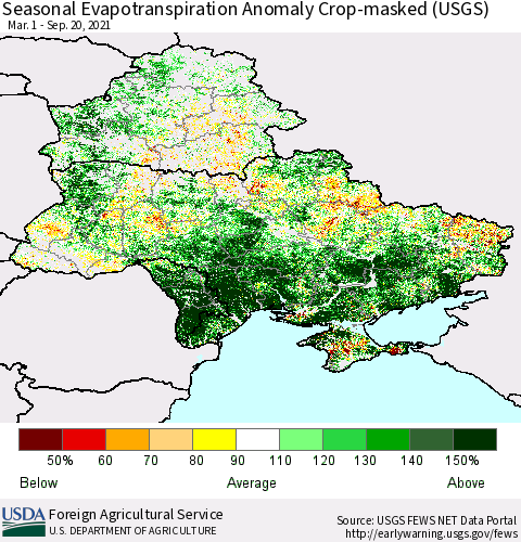 Ukraine, Moldova and Belarus Seasonal Actual Evapotranspiration Anomaly over Croplands (USGS) Thematic Map For 4/1/2021 - 9/20/2021