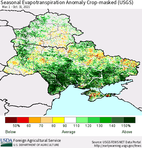 Ukraine, Moldova and Belarus Seasonal Actual Evapotranspiration Anomaly over Croplands (USGS) Thematic Map For 4/1/2021 - 10/31/2021