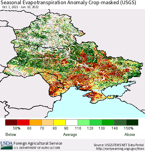 Ukraine, Moldova and Belarus Seasonal Actual Evapotranspiration Anomaly over Croplands (USGS) Thematic Map For 9/1/2021 - 1/10/2022