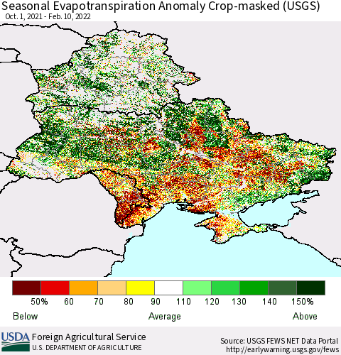 Ukraine, Moldova and Belarus Seasonal Actual Evapotranspiration Anomaly over Croplands (USGS) Thematic Map For 9/1/2021 - 2/10/2022