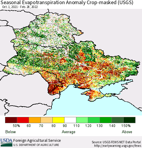 Ukraine, Moldova and Belarus Seasonal Actual Evapotranspiration Anomaly over Croplands (USGS) Thematic Map For 9/1/2021 - 2/28/2022